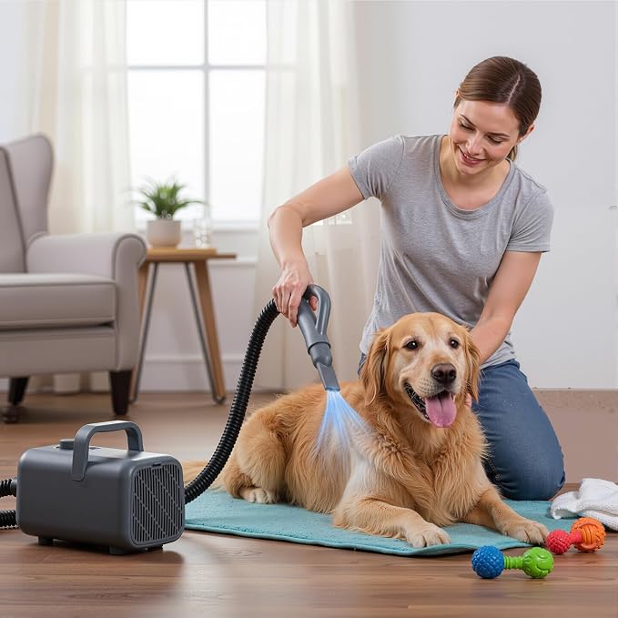 DUMOS Pet Blow Dryer Grooming Vacuum Kit, Dog Low Noise Hair Dryer with Adjustable Wind Speed & Heater Temperature, Cool-Warm-Hot Cycle Mode, 4 Nozzles, 6.5 FT Cord, Grey