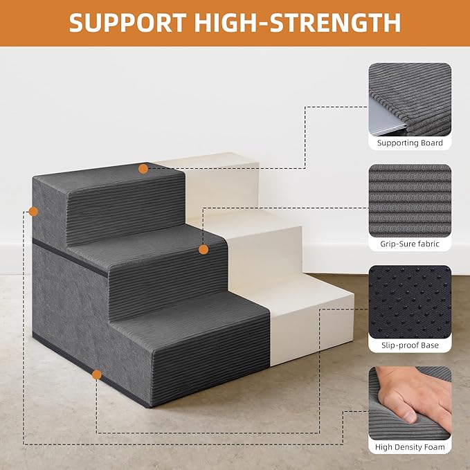 Dog Stairs for Small Dogs, 13.5" H, 3-Step Pet Steps for Bed Couch Sofa and Chair, Non-Slip Balanced Pet Ramp for Injured & Senior Pets with Washable Cover and Durable High Density Foam, Grey