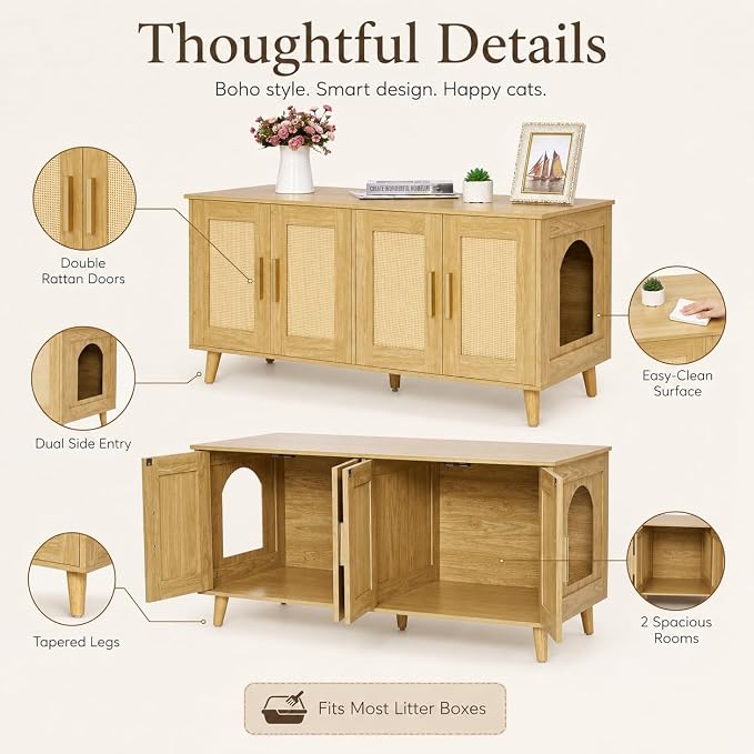Homhedy Boho Cat Litter Box Enclosure for 2 Cats, Wooden Cat Washroom Furniture with Double Rattan Decorated Doors, Pet House,47.2”L x 19.7”W x 21.7”H, Natural