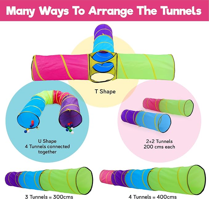 Hide N Side Kids Play Tunnels, Indoor Outdoor Crawl Through Tunnel for Kids Dog Toddler Babies Children, Pop up Tunnel Gift Toy (Multi, 4 Way)