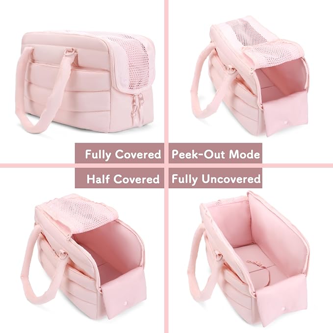 Dog Purse Carrier for Small Dog Cat Rabbit up to 13 lbs, Lightweight Portable Soft Sided Pet Purses, Quilted Puffy Tote Puppy Carrier with Large Pockets for Hiking, Travel, Vet Pink