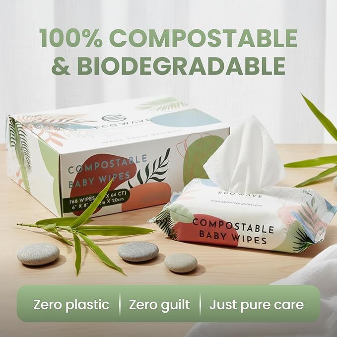 Eco Wave Baby Wipes, 100% Compostable Eco-Friendly Bamboo Wipes, Unscented, Hypoallergenic, Vegan, Alcohol-Free, Suitable For Sensitive Skin (Pack of 12)