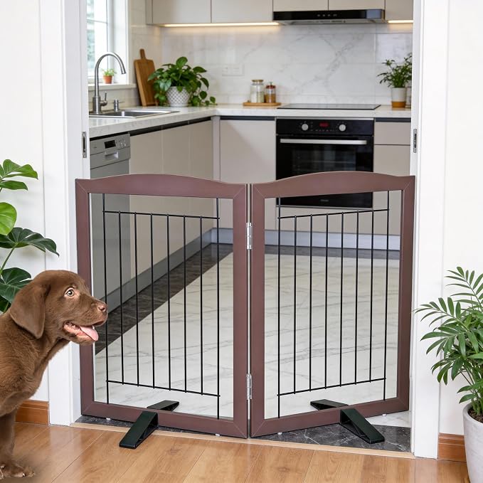 ZJSF Freestanding Dog Fence Indoor, Foldable Dog Gate for Doorways, Stairs or Hallways, Sturdy Wood Extra Wide Pet Gate with Support Feet for The House, Brown, 24 "Height-2 Panels