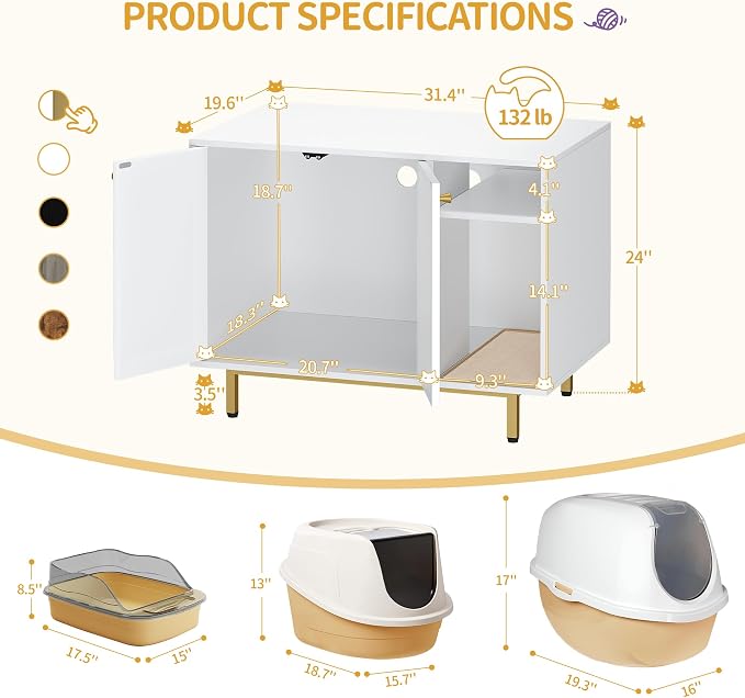 Hzuaneri Cat Litter Box Enclosure,Hidden Litter Box Furniture with Storage, Large Wooden Cabinet with Sisal Mat, Modern Cat Washroom for Living Room, Bedroom, Entryway, White and Gold 01503GCLB