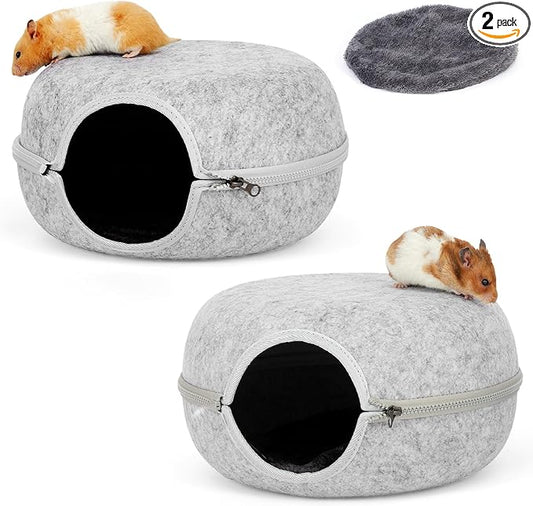 Guinea Pig Hideout 2 Pack, Double Function Guinea Pig Bed with 3 Soft Cushions, Small Animal Cage Accessories for Guinea Pigs, Hamsters, Hedgehogs, and Ferrets (Light Grey & Light Grey)