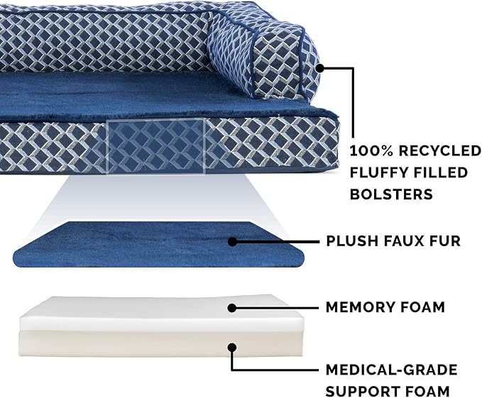 Furhaven Memory Foam Dog Bed for Medium/Small Dogs w/ Removable Bolsters & Washable Cover, For Dogs Up to 35 lbs - Plush & Woven Decor Comfy Couch Sofa - Diamond Blue, Medium