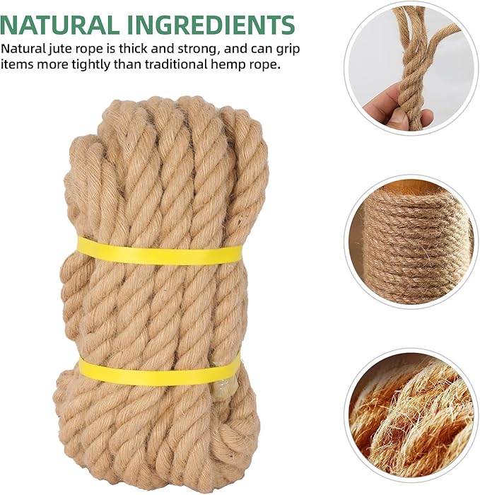 Jute Rope 1 in×25 ft Natural Material Heavy Duty Jute Rope Twisted for Indoor Outdoor Crafts, Nautical, Tug of War, Railing, Hammock, Swing, Gardening