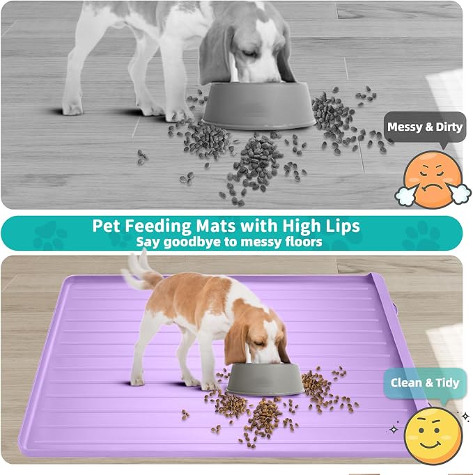 Dog Mat for Food and Water - 39.4" x 27" Large Pet Feeding Mats with Residue Collection Pocket - Waterproof Dog Cat Bowl Mat with High Edges to Prevent Water and Food Spills (Purple, 39.4''x27'')