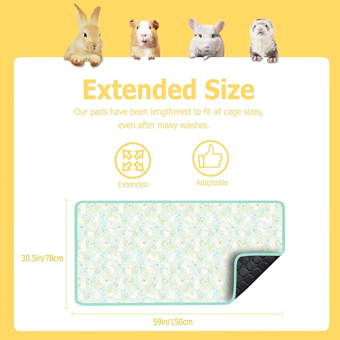 Guinea Pig Cage Liners, 59x31in 2 Pack Washable Guinea Pig Bedding, Waterproof Reusable & Anti Slip, Super Absorbent Guinea Pig Pee Pad for Small Animal, Rabbit, Bunny, Fit for C&C Cage, Green