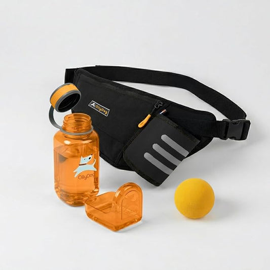 OllyDog Adventure Dog Walking Bundle – OllyBottle 600ml Dog Water Bottle, Hydro Slim Pack Belt Bag & Happy Camper Fetch Ball