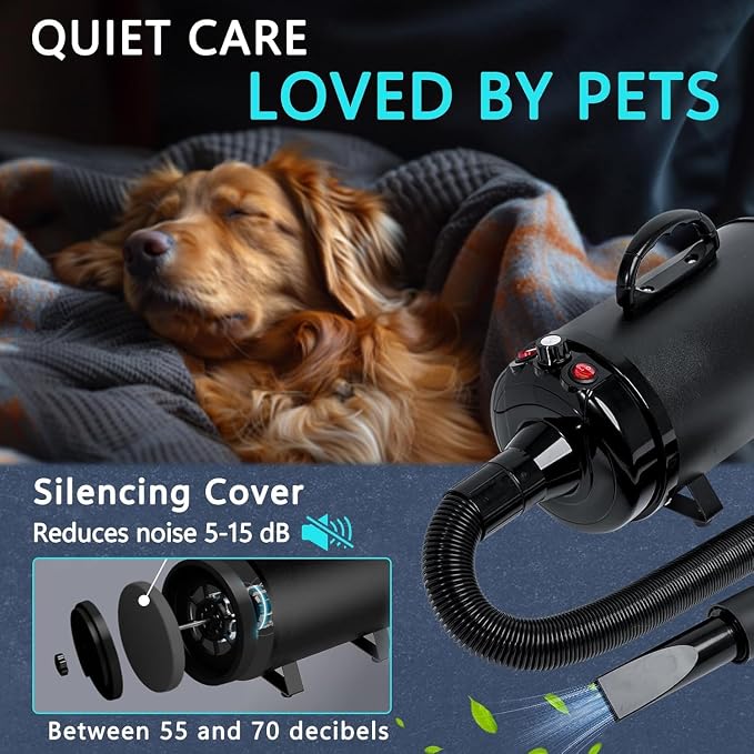 High Velocity Dog Hair Dryer 5.2HP/ 3800W Professional Dogs Blower Grooming Dryer, Adjustable Temperature and Speed Pet Dryers with 4 Nozzles and a Comb, Black