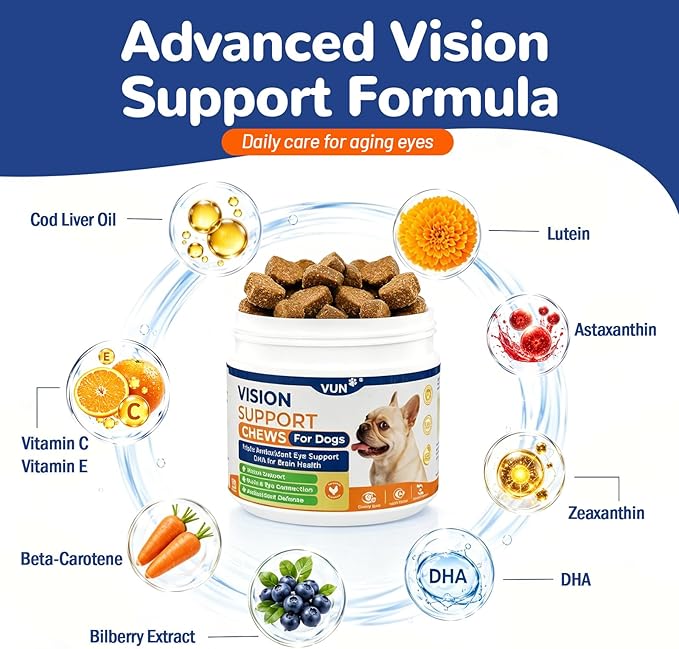 VUN Dog Eye Supplements-Dog Vision Supplement Soft Chew for Cloudy Eyes,Dry Eye and Night Vision of Senior Dogs,Antioxidant Eye Care,100 Counts (Chicken Flavor)