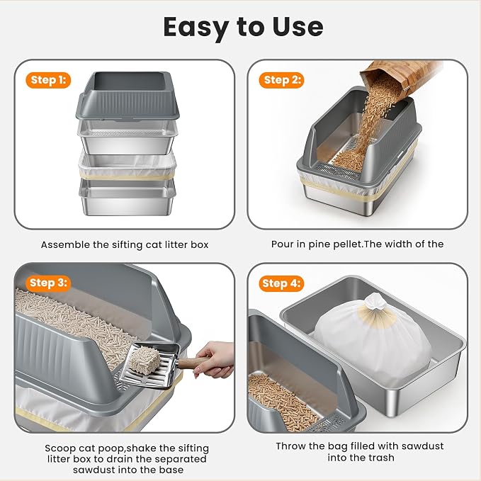 XXL Stainless Steel Sifting Litter Box with Lid,Sifting Cat Litter Box for Wood Pine Pellets,16''High Sides Sifter Litter Pan System,Odor Control,Easy to Clean,with Liners and Scoop