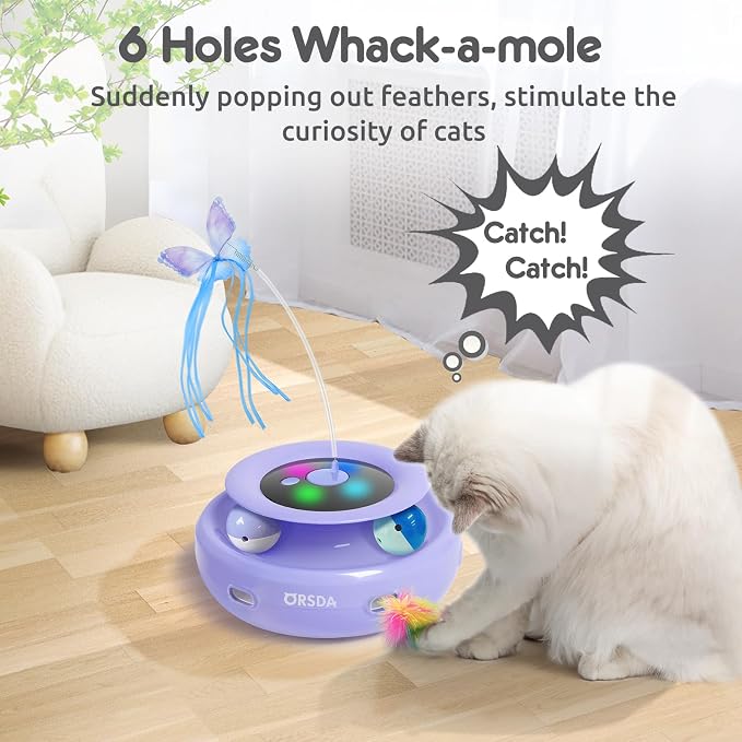 ORSDA Cat Toy, 3-in-1 Automatic Cat Toys for Indoor Cats, Rechargeable Power Interactive Feather Toys for All Breeds, Replacement Attachments 7PCS Cat Teaser Toy