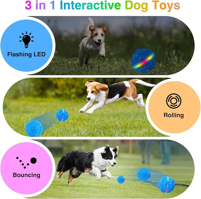 Interactive Dog Toys, Waterproof Smart Dog Ball, Rechargeable Moving Bouncing Dogs Ball with RGB Lights, 3 in 1 Play Modes Keeps Dogs Busy, E-TPU Material for Small Medium Dogs