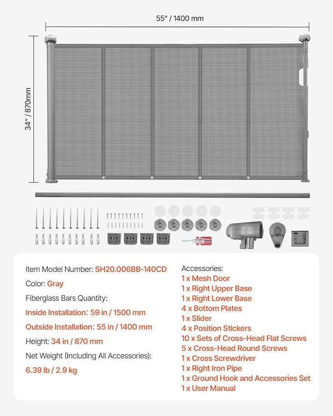 VEVOR Retractable Baby Gate, 34 inch Tall, Extends up to 55 inch Wide, Retractable Gate for Kids or Pets, Mesh Material, Easy to Install for Indoor Stairs, Doorways, Hallways, Playrooms, Gray