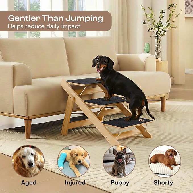 Luciphia Wooden Dog Stairs for Small Dogs 2-in-1 Foldable Dog Steps for Beds Cars Couch Anti-Slip Pet Ramp with 3 Steps Indoor Pet Stairs for Medium Large Older Pets Cats up to 220lbs