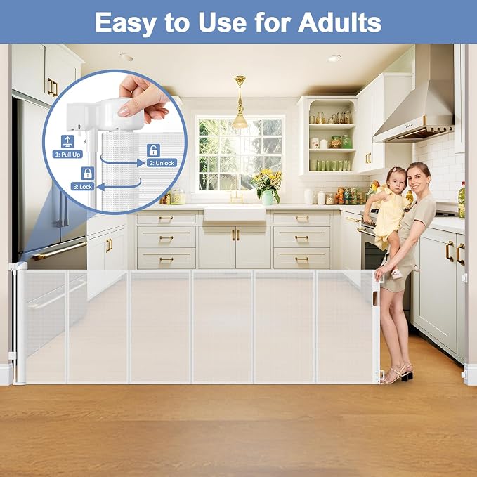 Reinforced 200 Inch Extra Long Dog Gate Indoor 37” Tall Outdoor Retractable Baby Gates for Doorways Extra Wide 16ft Bottom Anti-Crawl Indoor Extra Long Baby Gate Retractable Dog Fence/Barrier, White