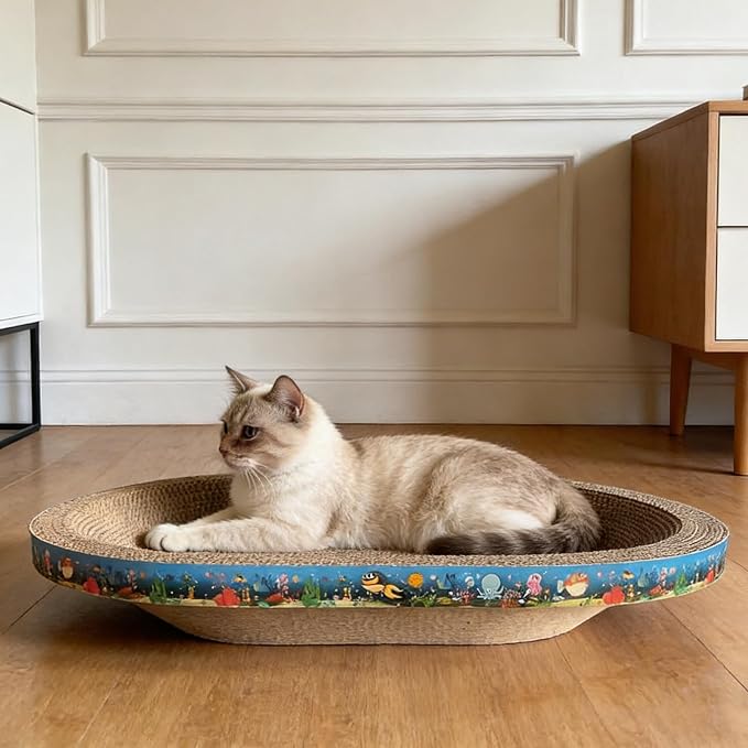 2PCS Large Cat Cardboard Scratcher with Toys, Oval 21.7" x 14.9" Kitty Scratching Board for Indoor Kitten Play Scratch Bed Sofa Furniture Protector