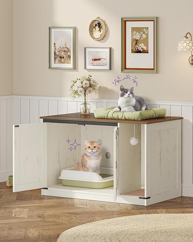 Hzuaneri Cat Litter Box Enclosure, Hidden Litter Box Cabinet Furniture with Bell, Indoor Cats House, Farmhouse Style, 39.4 x 21.7X 24.8 Inches for Hallway, Bedroom, Rustic Brown and White CB85214X