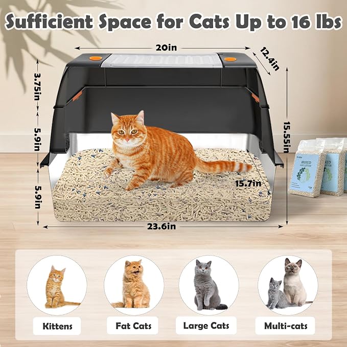 Vivifying XL Stainless Steel Cat Litter Box with 13.2 lb Cat Litter, Black | Stainless Steel