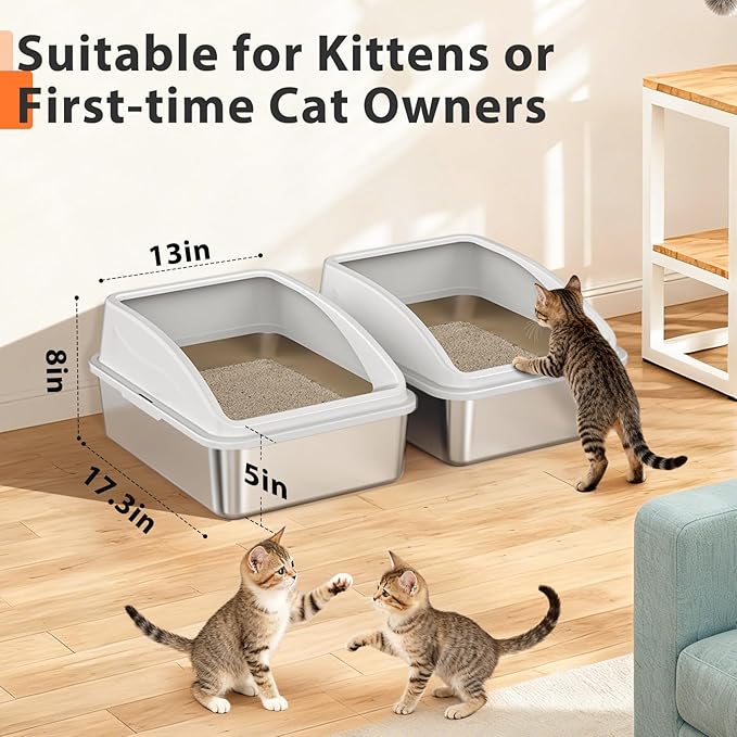 2 Pack Stainless Steel Litter Box | Metal Kitty Litter Box with Lid High Sided for Small Cats or Injured Cats, Bunny Litter Boxes, Low Entry, Odor-Free, Non-Stick,Includes Scoop