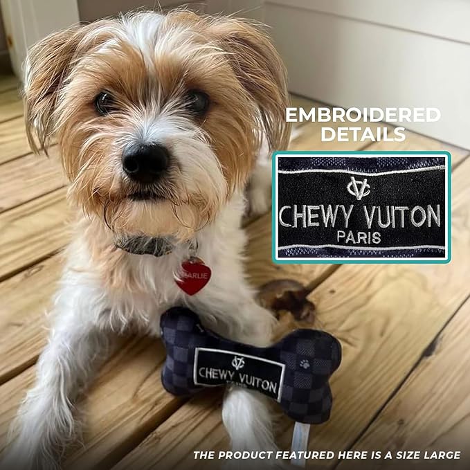 Haute Diggity Dog Chewy Vuiton Bone Plush Squeaky Dog Toy, Soft Durable Designer-Inspired Stuffed Puppy Chew Toys for Small & Medium Dogs, Machine-Washable (Black Checker) Large