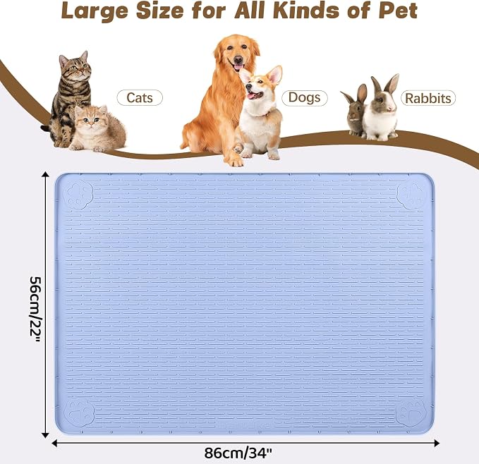 Cat Food Mat, 34" x 22" Large Silicone Pet Feeding Mat for Food and Water Bowls Non-Slip, Easy to Clean (Blue)