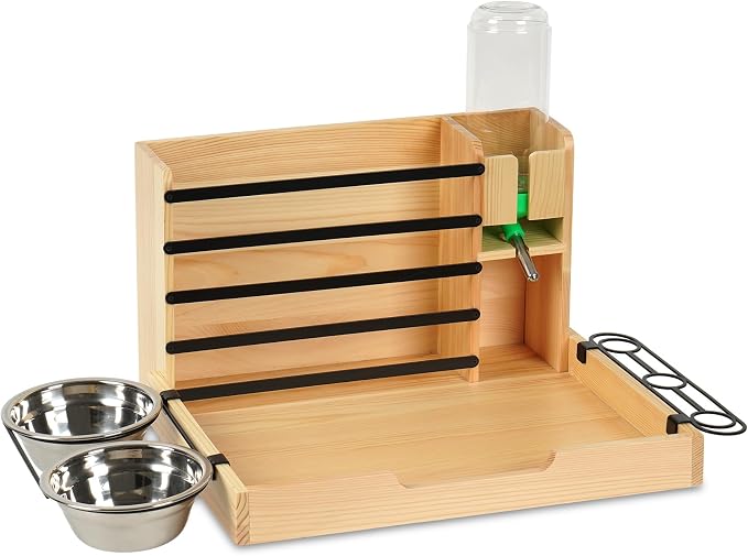 Rabbit Hay Feeder, 4 in 1 Wood Guinea Pig Hay Feeder Bunny Hay Holder with Litter Box 500ml Water Bottle 2 Food Bowl Small Animals Stuff for Cages for Chinchillas Hamster Dwarf Rabbit Ferrets