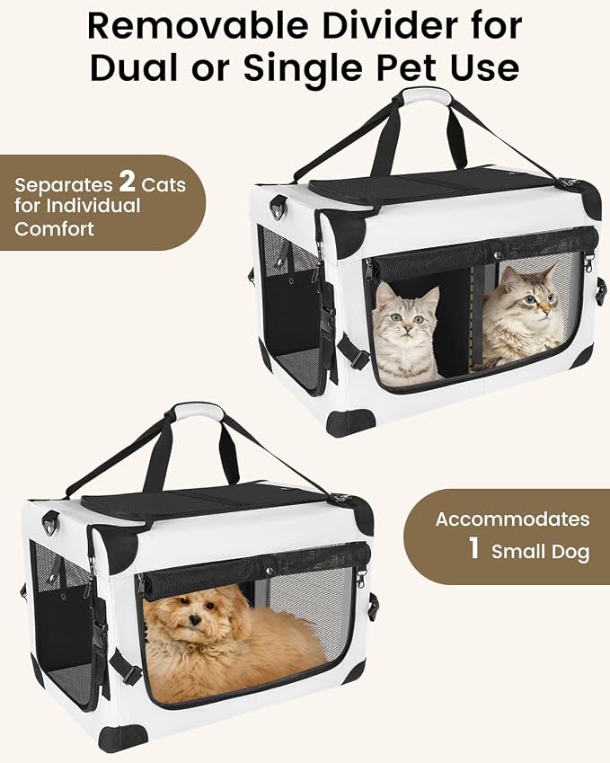 Extra Large Cat Carrier for 2 Cats with Divider, Double Soft-Sided Pet Carrier for Small Dogs, Puppies & Rabbits, Collapsible Travel Carrier with Removable Cozy Pad & Storage Pockets