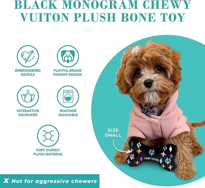 Haute Diggity Dog Chewy Vuiton Bone Plush Squeaky Dog Toy, Soft Durable Designer-Inspired Stuffed Puppy Chew Toys for Small & Medium Dogs, Machine-Washable (Black Monogram) Large