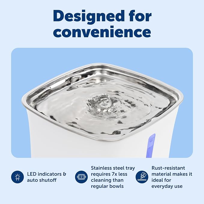 PetSafe Viva Cat Water Fountain (64oz/1.8L) Indoor Water Dispenser for Cats and Small Dogs, Stainless-Steel Bowl with Whisper Quiet Pump, Dishwasher Safe, Easy to Clean, Water Filters Included