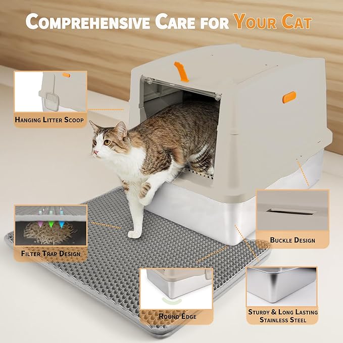 Large Stainless Steel Cat Litter Box with Lid, Enclosed High Sided Sifting Metal Litter Boxes with Scoop for XL Cats, Multicat, Non-Sticky, Anti-Leakage, Easy Cleaning, Sand
