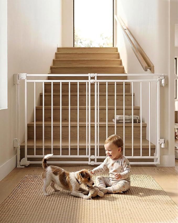 Extra Wide Baby Gate for Stairs Doorways & Kitchen, 32"-54" W x 29" H, No Bottom Bar Dog Gate, One-Handed Auto-Close, Hardware Mount Safety Gate for Dogs & Toddlers, White