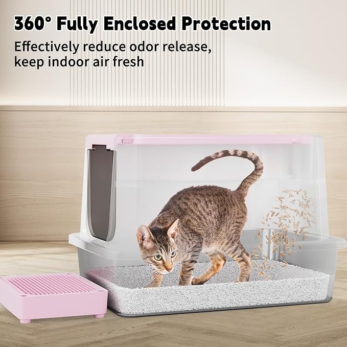 RIZZARI Large Enclosed Stainless Steel Cat Litter Box – Top & Front Entry, High-Sided Anti-Tracking Non-Stick Pan with Odor Control for Bedrooms, Living Rooms & Indoor Spaces