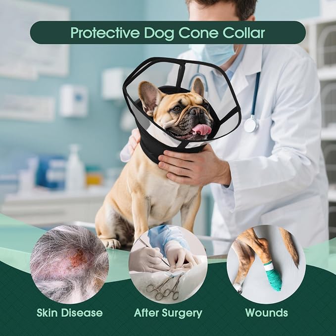 Kuoser Large Dog Cone Collar After Surgery, Soft Cone for Dogs to Stop Licking, Breathable Pet Recovery Collar Comfortable Elizabethan Collars, Adjustable Protective Dog Cones for Large Dogs, Black XL