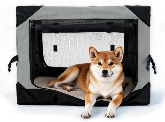 30 Inch Soft Collapsible Crate for Medium Dogs, 4-Door Portable Foldable Soft Kennel with Chew Proof Mesh Windows for Indoor & Outdoor Travel Grey