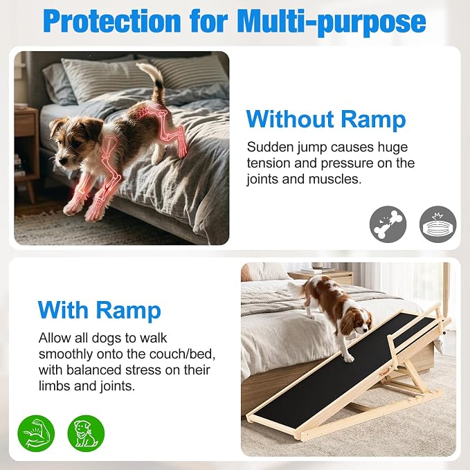 Tresbro Dog Ramp for High Bed, 55.11'' Long 19.3''-27.17'' Adjustable Height Pet Ramp with Anti-Slip Mat & Side Rails, Wooden Portable Ramp for Small to Large Dogs to Get on Bed, Couch, Up to 200LBS