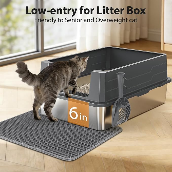 FURTIME Stainless Steel Cat Litter Box, Easy-Clean High-Sided Metal Litter Box, Open-Top Litter Pan for Large Cats, Great for Multi-Cat Homes,Includes Scoop&Mat, Non-Stick, Anti-Leakage, 28"×20"×12.2"