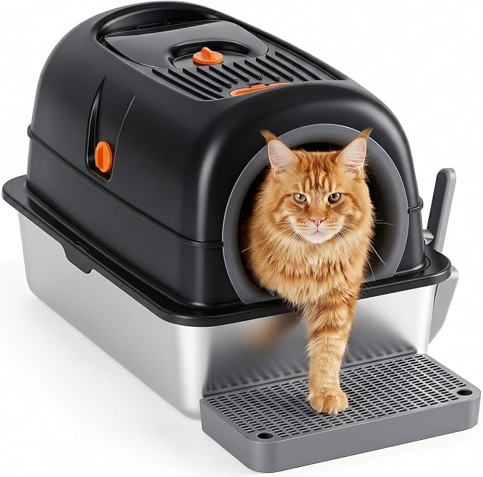 Extra Large Cat Litter Box with Lid, Stainless Steel Litter Box for Big Cats, Enclosed High Sided Kitty Pan with Scoop & Mat, Front & Top Entry with Door, Black