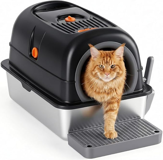 Extra Large Cat Litter Box with Lid, Stainless Steel Litter Box for Big Cats, Enclosed High Sided Kitty Pan with Scoop & Mat, Front & Top Entry with Door, Black