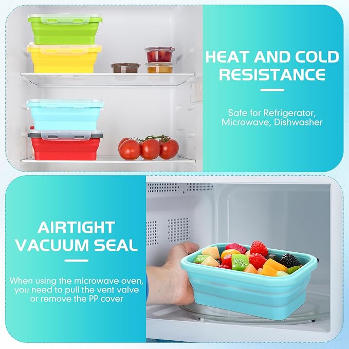 Mifoci Set of 8 Silicone Collapsible Bowls for Camping with Vent Lid Silicone Storage Containers for Food Meal Preparation Square Bowl Microwave Freezer Dishwasher Safe (Candy Color,17 Oz/ 500 ml)
