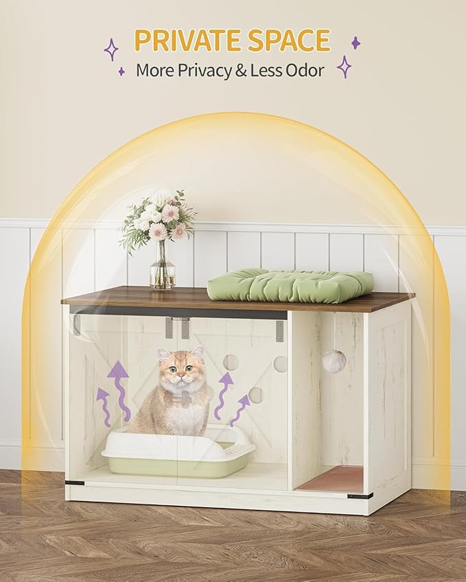 Hzuaneri Cat Litter Box Enclosure, Hidden Litter Box Cabinet Furniture with Bell, Indoor Cats House, Farmhouse Style, 39.4 x 21.7X 24.8 Inches for Hallway, Bedroom, Rustic Brown and White CB85214X
