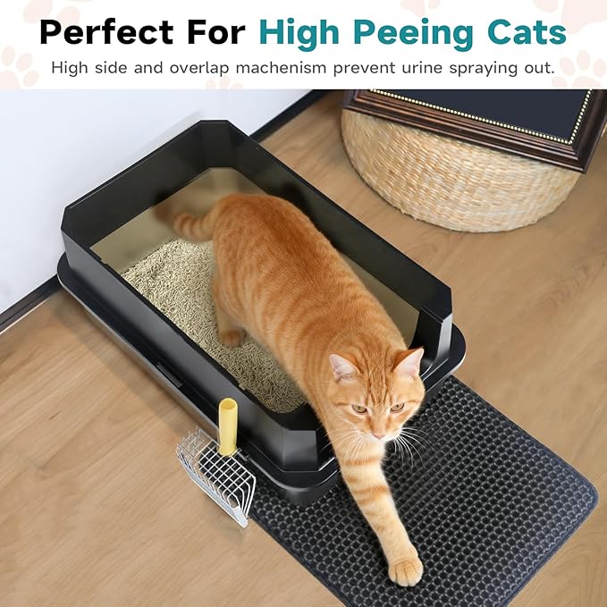 TENTIZON Stainless Steel Cat Litter Box with Lid, Large Covered Enclosed Kitty Litterbox with Hood, Flip Top, High Side, Litter Mat, Scoop for Big Cats, Kitten, No Odor, No Mess, Easy Clean, Black