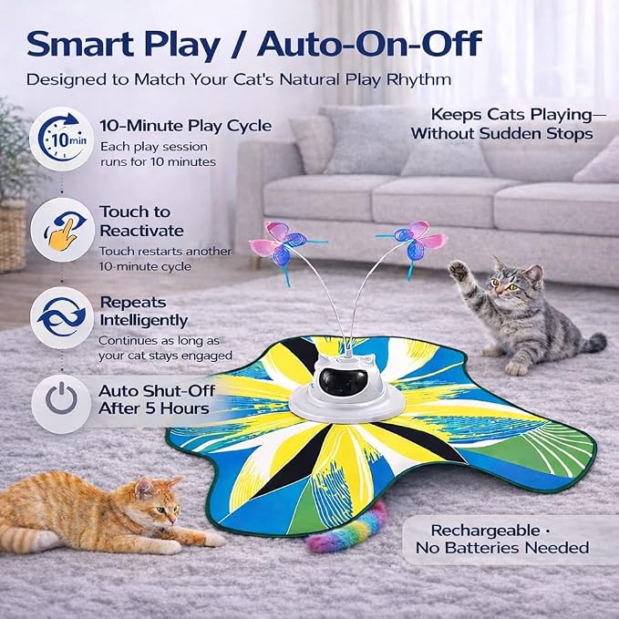 Interactive Cat Toy for Indoor Cats, Rechargeable 3-in-1 Hide and Seek Cat Toy with Spinning Butterfly & Plush Tail, Ultra-Quiet Touch Activated Self Play Cat Exercise Toy for Adult Cats & Kittens