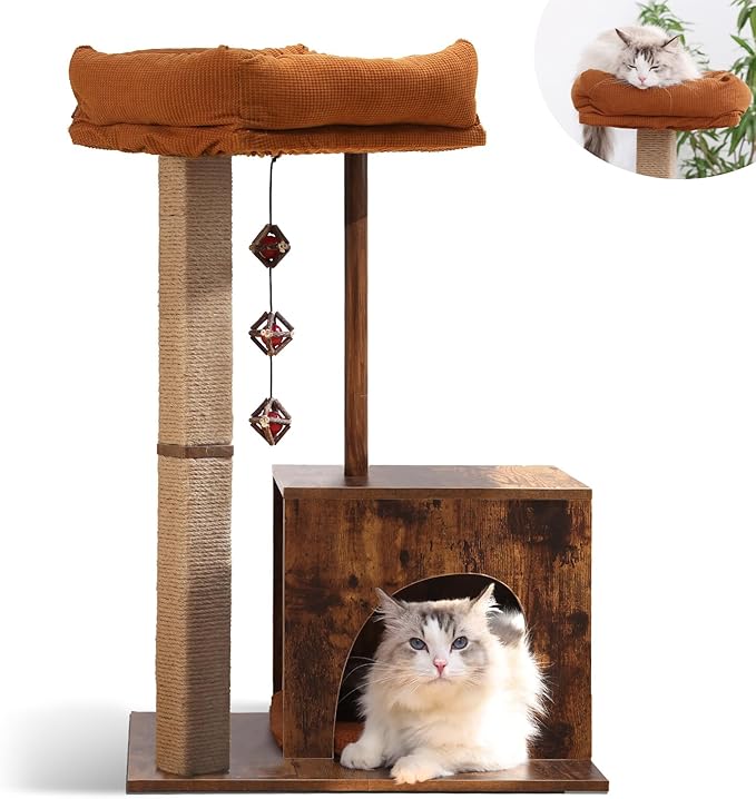 FUKUMARU Cat Scratching Post, Modern Style Cat Tree with Unique Square Post, Wooden Cat Tower with silvervine Balls, Retro Cat Brown Condo Scratcher for Indoor Cats（Solid Wood）