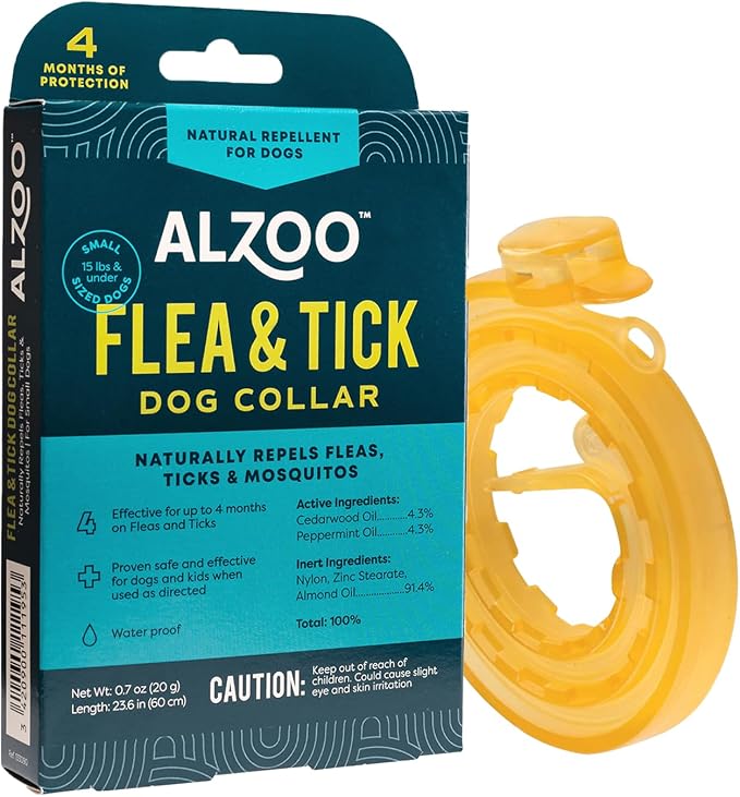 ALZOO Plant-Based Flea & Tick Dog Collar for Small-Sized Dogs: 15 lbs & Under, Helps Repel Fleas, Ticks & Mosquitoes, Waterproof, Up to 4 Months Protection, Cedarwood & Peppermint Oils, Single