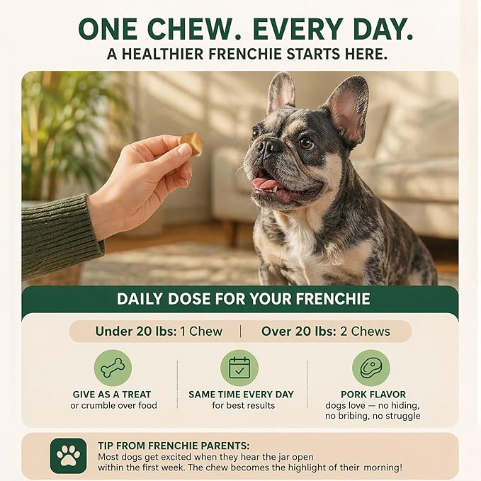 PawGuard French Bulldog Longevity Chews, Breed-Specific Formula Supplement for Bulldogs' Probiotics Chews, Supports Gut Health, Immunity & Skin, Pork Flavor, 30 Count (2 PCS)
