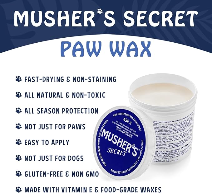 Musher’s Secret Dog Paw Wax 454g (16oz) – All-Natural Dog Balm w/ Vitamin E – Helps Protect & Moisturizes Cracked Paws – Invisible Barrier for Hot Pavement, Ice & Salt – Lick-Safe & Non-Toxic