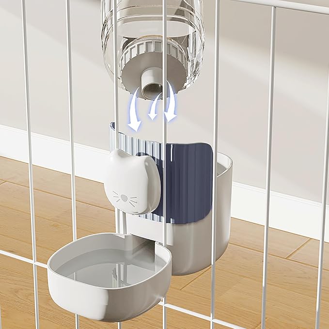 Hanging Automatic Food and Water Dispenser for Rabbit, Guinea Pig, Ferret, Bunny Cage Accessories, Feeder Bottle Combo (Grey)
